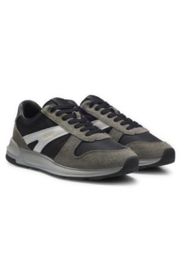 Suede-trim trainers with logo details, Grey Patterned