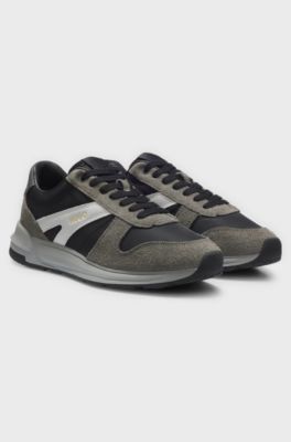 Suede-trim trainers with logo details, Grey Patterned