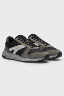 Suede-trim trainers with logo details, Grey Patterned