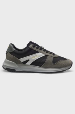 Suede-trim trainers with logo details, Grey Patterned