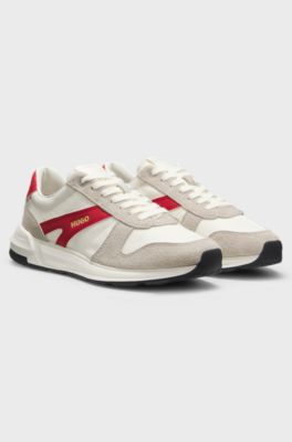 Suede-trim trainers with logo details, Natural