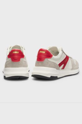 Suede-trim trainers with logo details, Natural