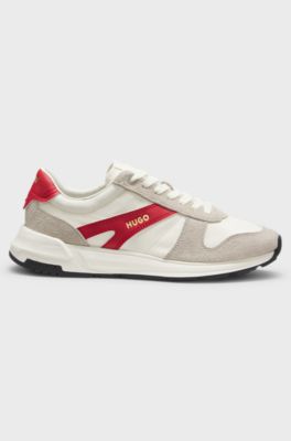 Suede-trim trainers with logo details, Natural