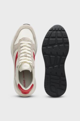 Suede-trim trainers with logo details, Natural