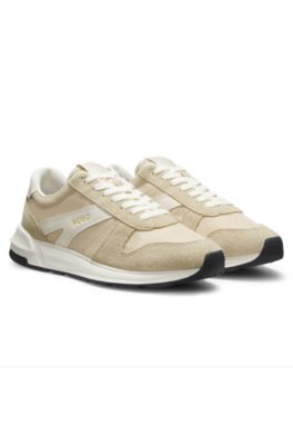 Suede-trim trainers with logo details, Light Beige