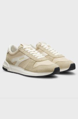 Suede-trim trainers with logo details, Light Beige