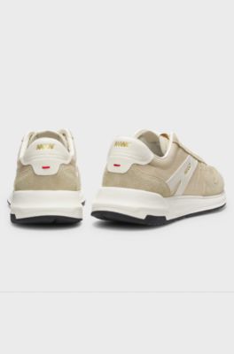 Suede-trim trainers with logo details, Light Beige