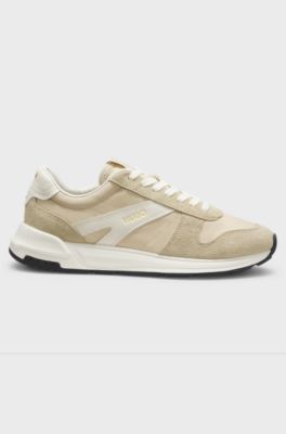 Suede-trim trainers with logo details, Light Beige