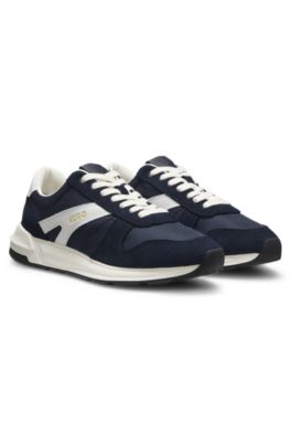 Suede-trim trainers with logo details, Dark Blue
