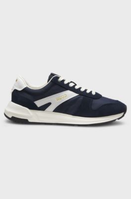 Suede-trim trainers with logo details, Dark Blue