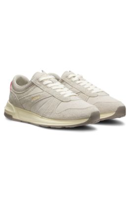 Textured-suede trainers with logo details, Light Beige