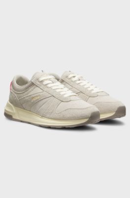 Textured-suede trainers with logo details, Light Beige