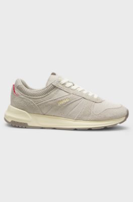 Textured-suede trainers with logo details, Light Beige