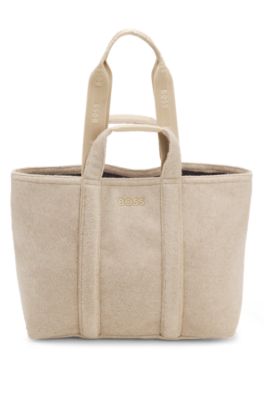 Tote bag in textured fabric with rubber logo, Light Beige