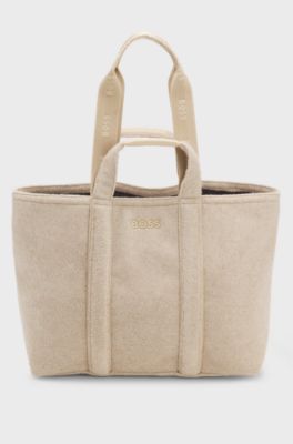 Tote bag in textured fabric with rubber logo, Light Beige