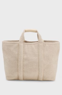 Tote bag in textured fabric with rubber logo, Light Beige