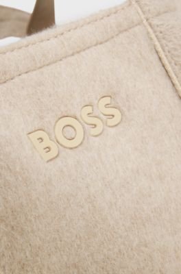Tote bag in textured fabric with rubber logo, Light Beige