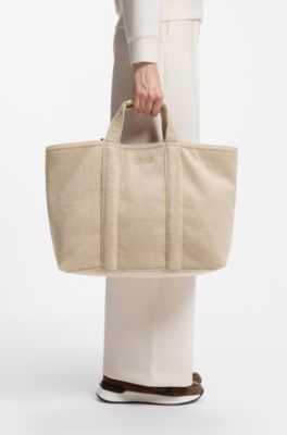 Tote bag in textured fabric with rubber logo, Light Beige