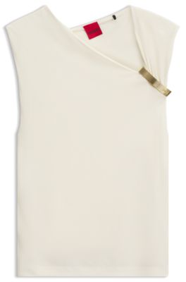 Slim-fit top in crepe with gathered details, Natural