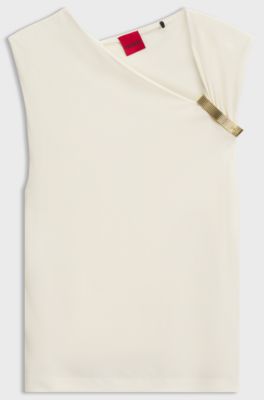 Slim-fit top in crepe with gathered details, Natural