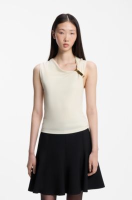 Slim-fit top in crepe with gathered details, Natural