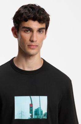 Relaxed-fit cotton T-shirt with photographic print, Black