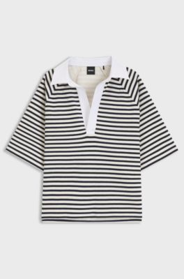 Felpa a righe in misto cotone con colletto Johnny, Nero / Bianco