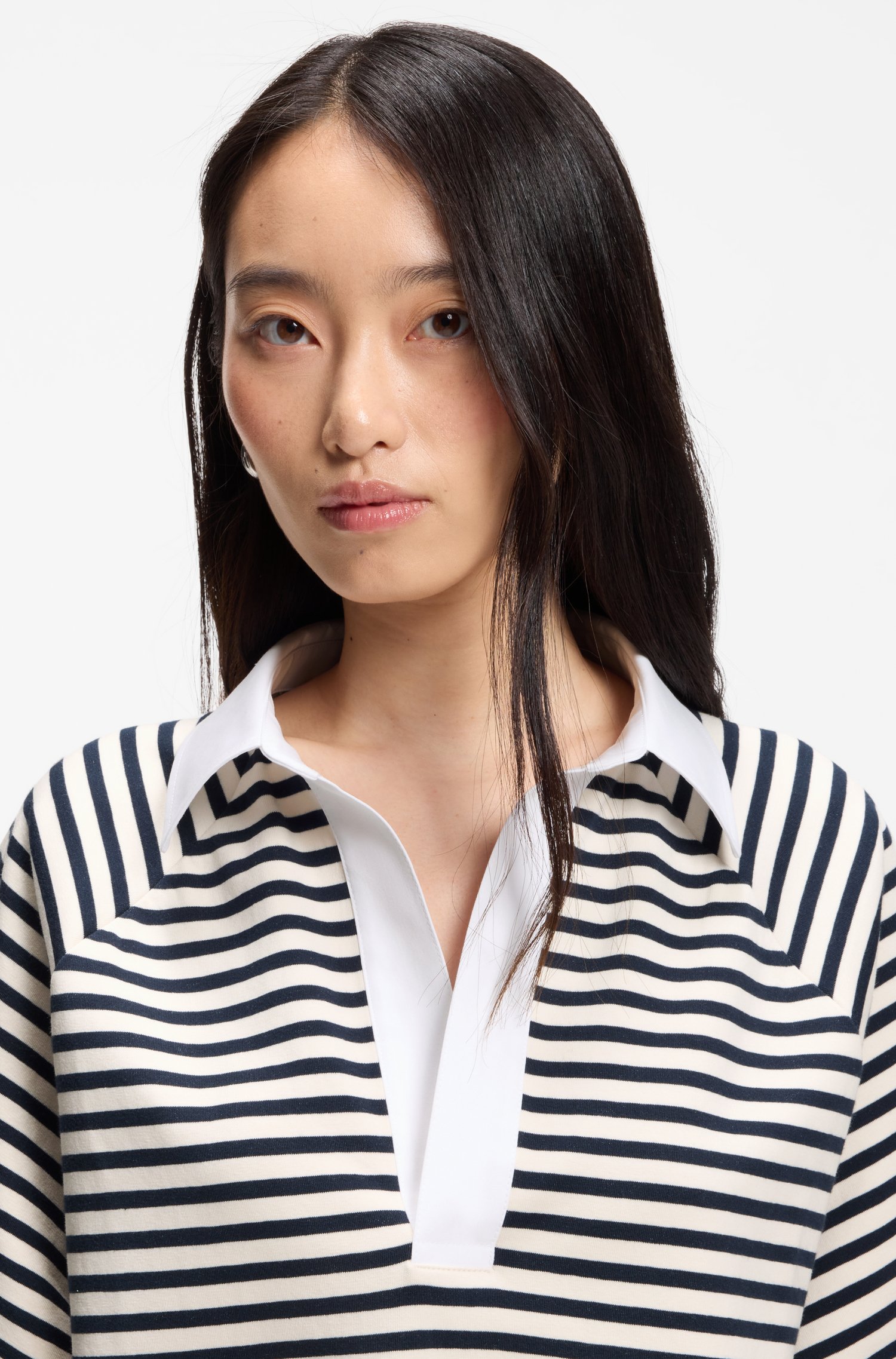 Boss Striped cotton-blend sweatshirt with Johnny collar dam – bild 3