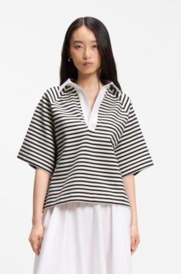 Felpa a righe in misto cotone con colletto Johnny, Nero / Bianco