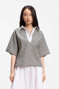 Striped cotton-blend sweatshirt with Johnny collar, Black / White
