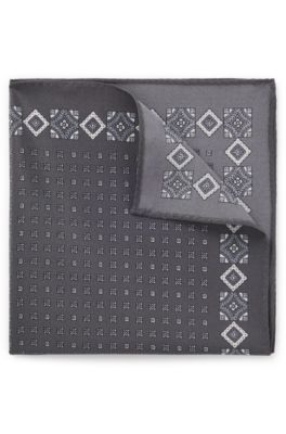 BOSS BY BECKHAM pocket square in printed silk, Grey Patterned