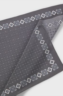 BOSS BY BECKHAM pocket square in printed silk, Grey Patterned