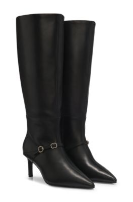 Structured leather knee-high boots with buckle, Black