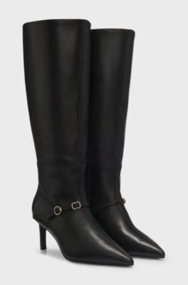 Structured leather knee-high boots with buckle, Black