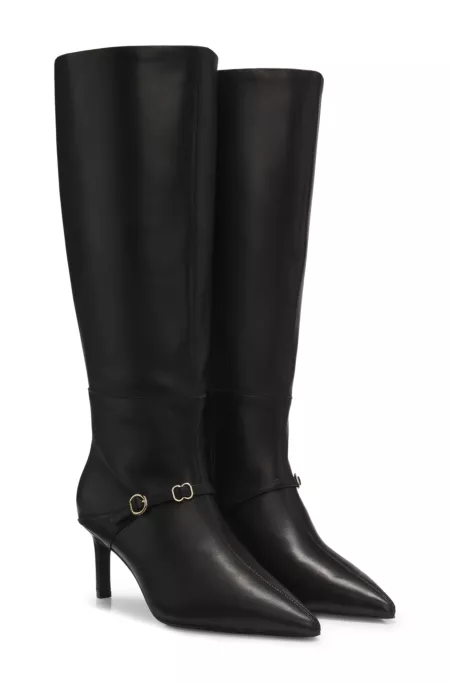 Structured leather knee-high boots with buckle