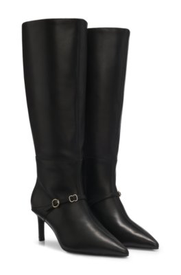 Structured leather knee-high boots with buckle