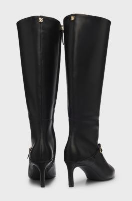 Structured leather knee-high boots with buckle, Black