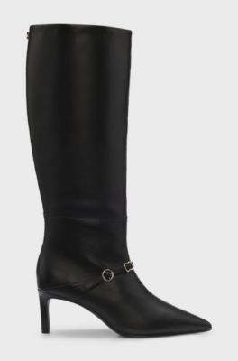 Structured leather knee-high boots with buckle, Black