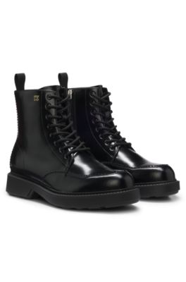 Lace-up leather boots with debossed logo, Black