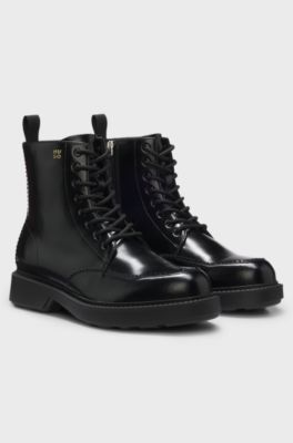 Lace-up leather boots with debossed logo, Black