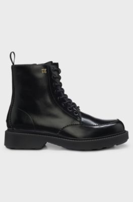 Lace-up leather boots with debossed logo, Black