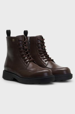 Lace-up leather boots with debossed logo, Dark Brown