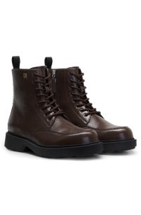 Lace-up leather boots with debossed logo, Dark Brown