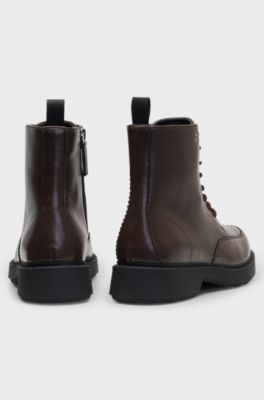 Lace-up leather boots with debossed logo, Dark Brown