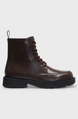 Lace-up leather boots with debossed logo, Dark Brown