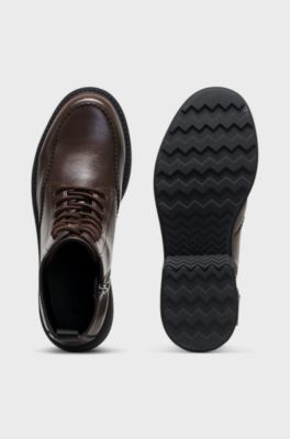 Lace-up leather boots with debossed logo, Dark Brown
