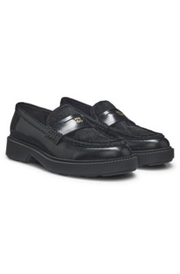 Leather penny loafers with calf hair vamp, Black