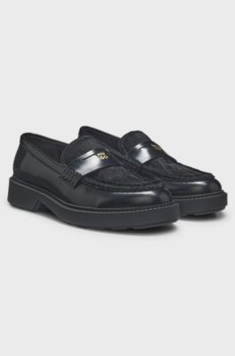 Leather penny loafers with calf hair vamp, Black