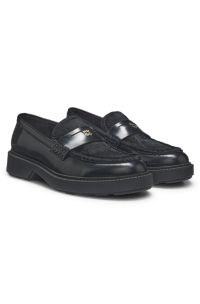 Leather penny loafers with calf hair vamp, Black