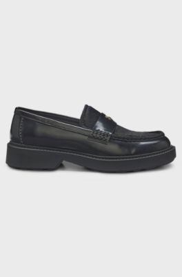Leather penny loafers with calf hair vamp, Black